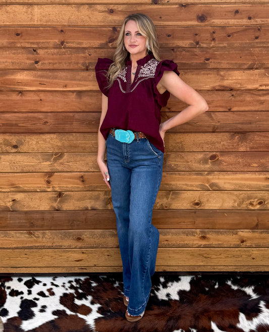 Bella Embroidered Blouse *Burgundy