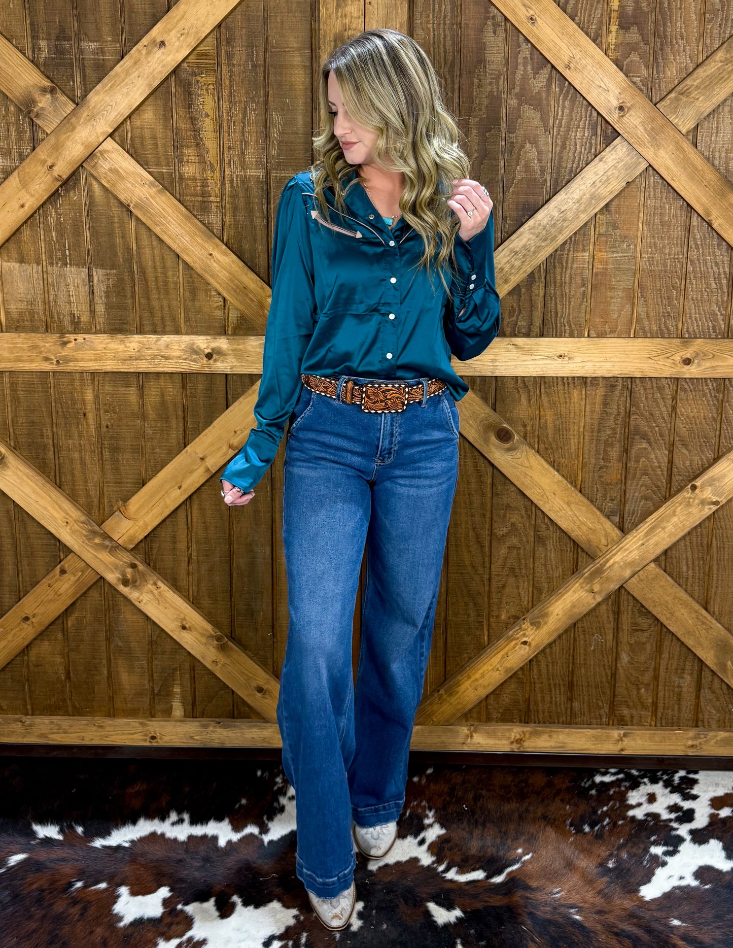 Cowgirl Satin Pearl Snap *Teal