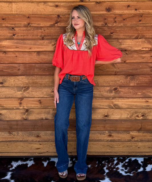 Western Embroidered Blouse *Orange