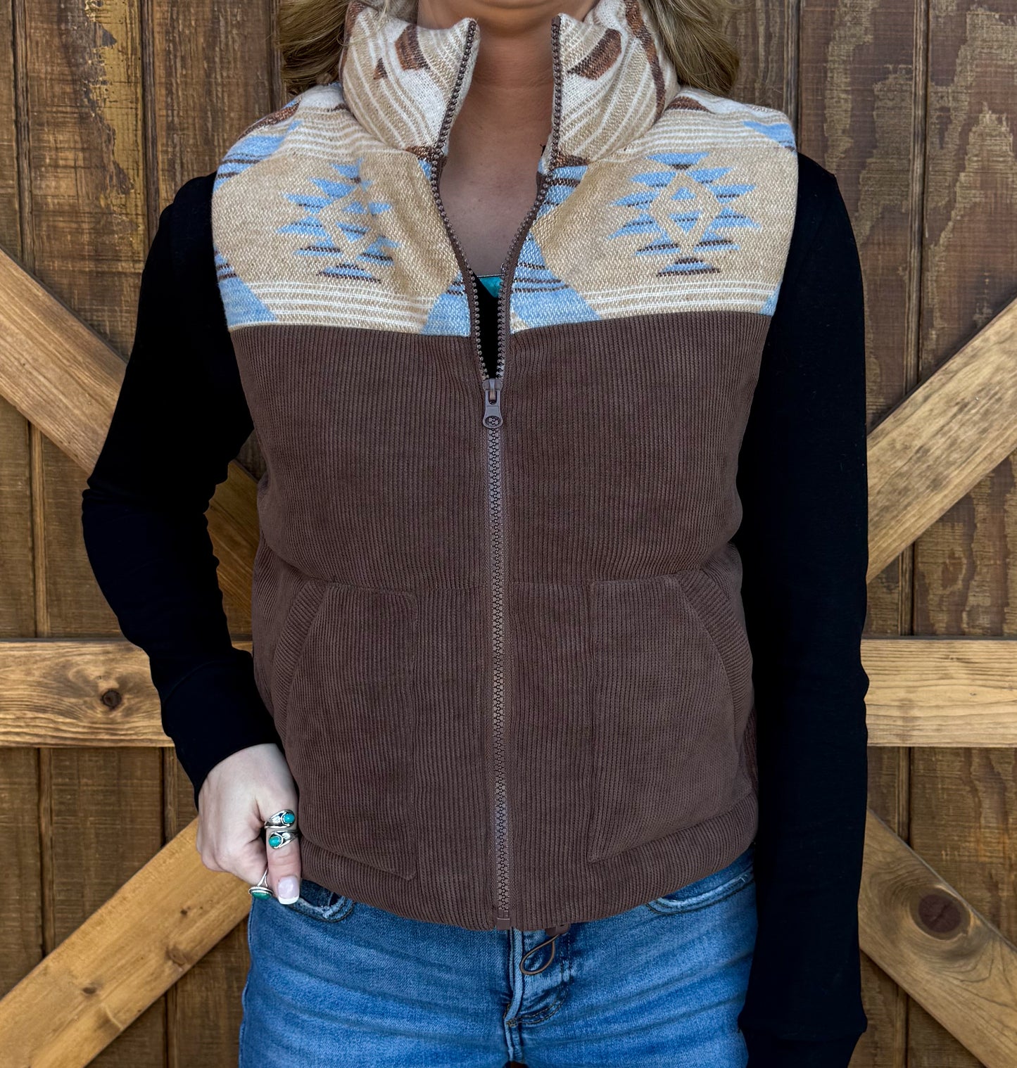 Western Aztec Puffer Vest *Chocolate