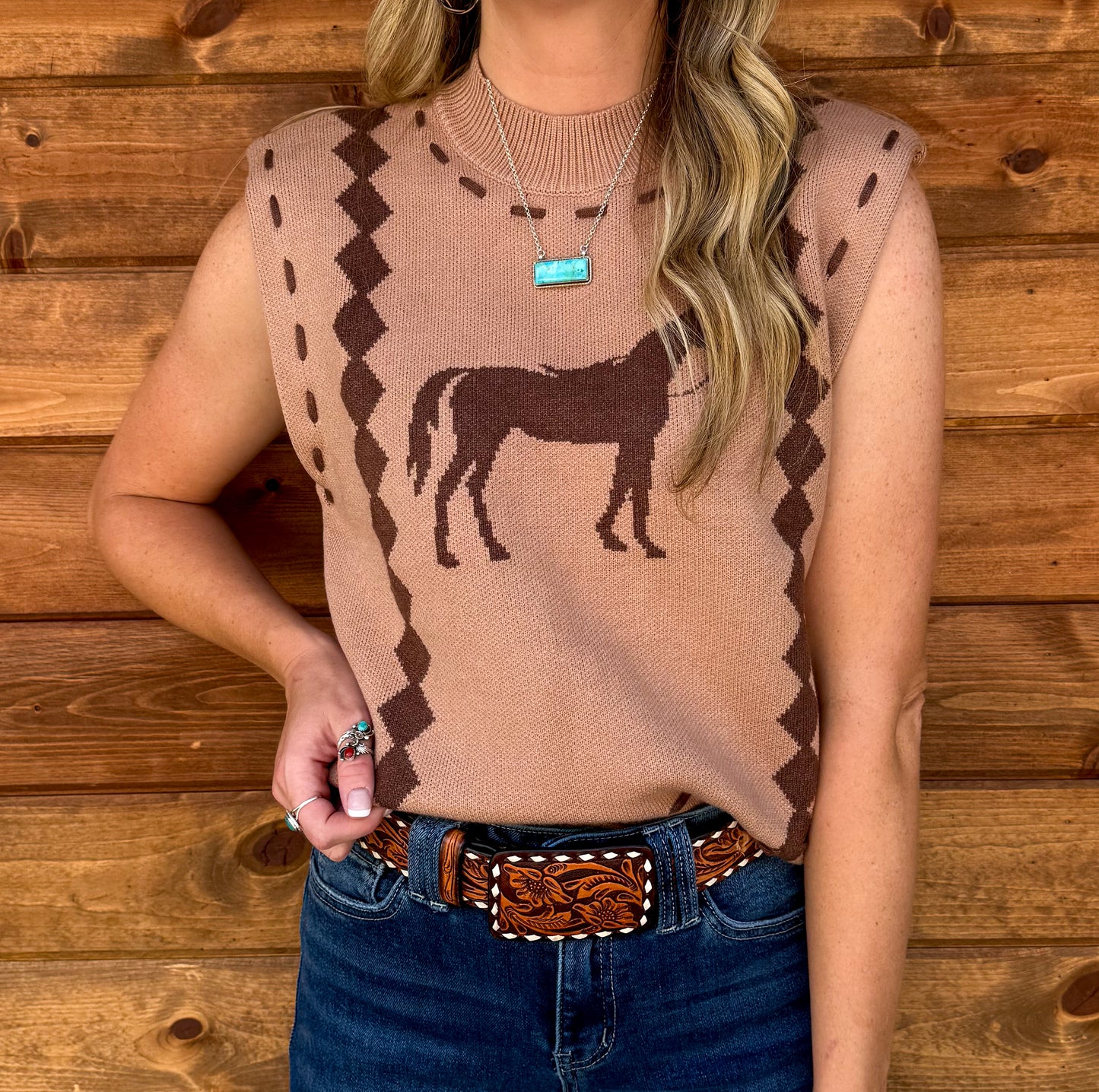 Classy Horses Sweater Vest *Tan