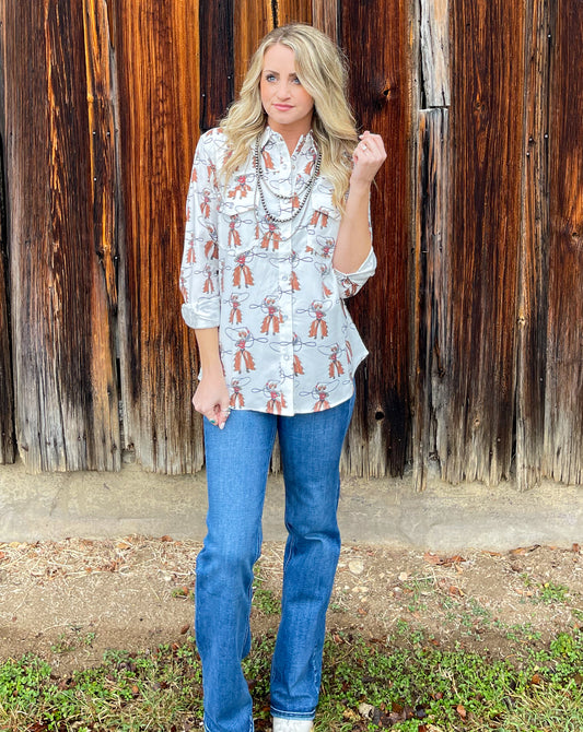 Roping Cowboy Button-Up Top